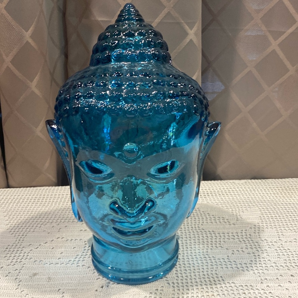 Blue Sea Glass Buddha Head, 13” x 9”